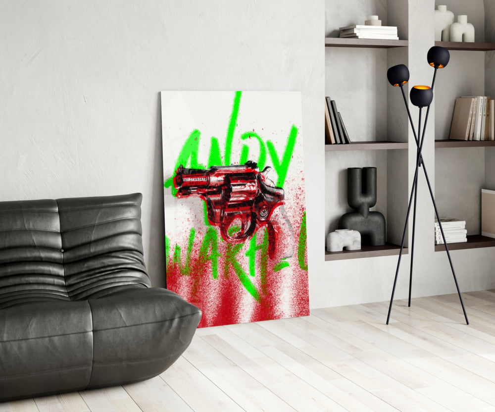 Andy Warhol and Gun Glass Wall Art || Designer Collection.