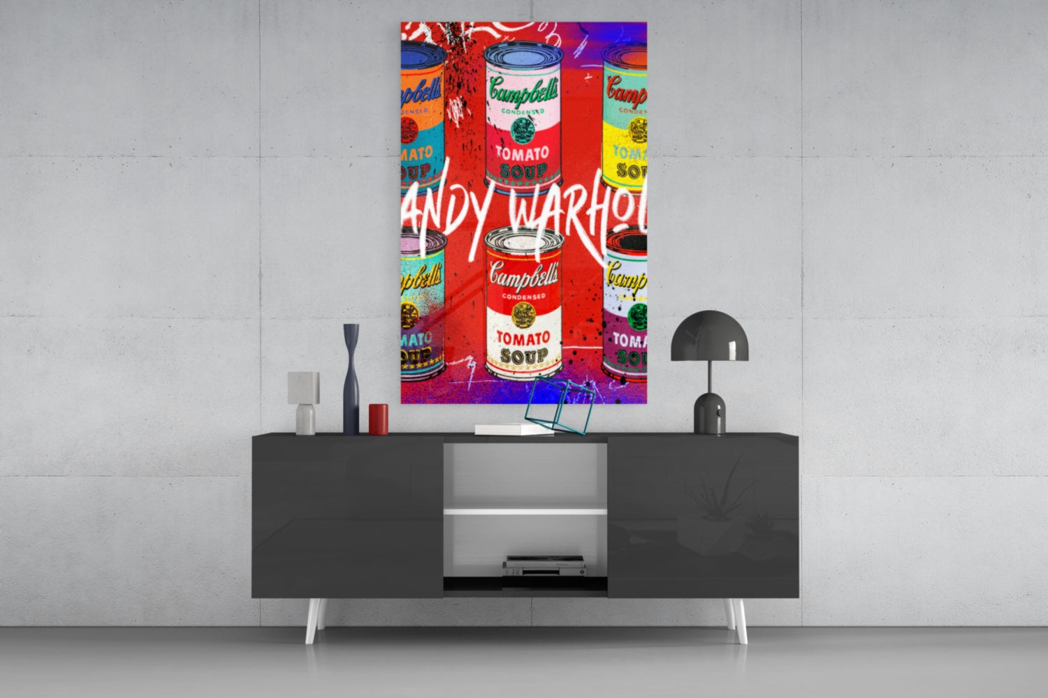 Andy Warhol and Cans Glass Wall Art || Designer Collection.