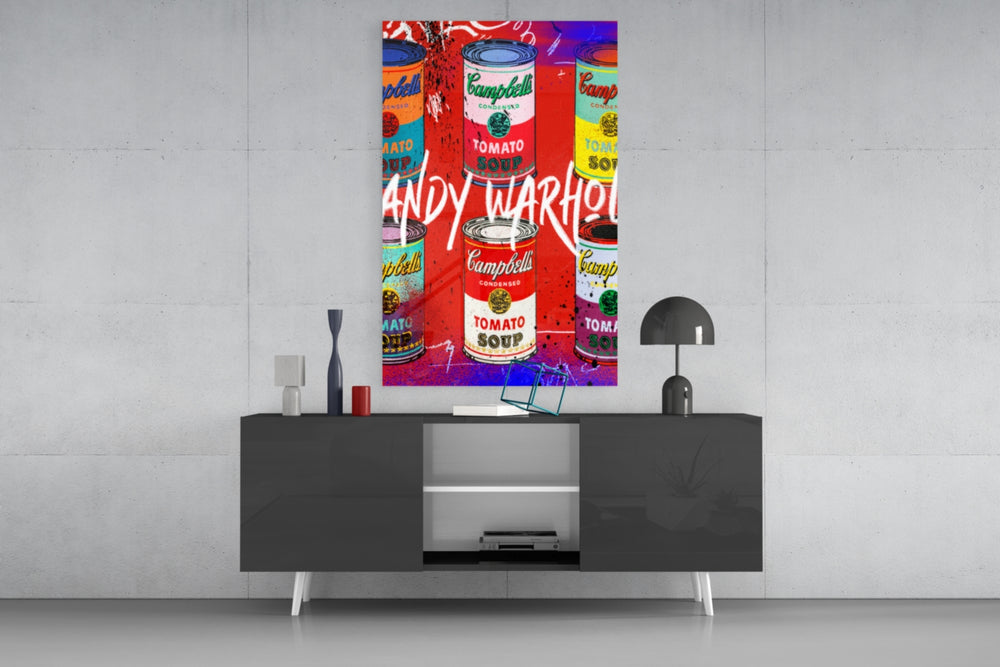 Cans Warhol panel catching lamp light to reveal its kitchen-icon swagger