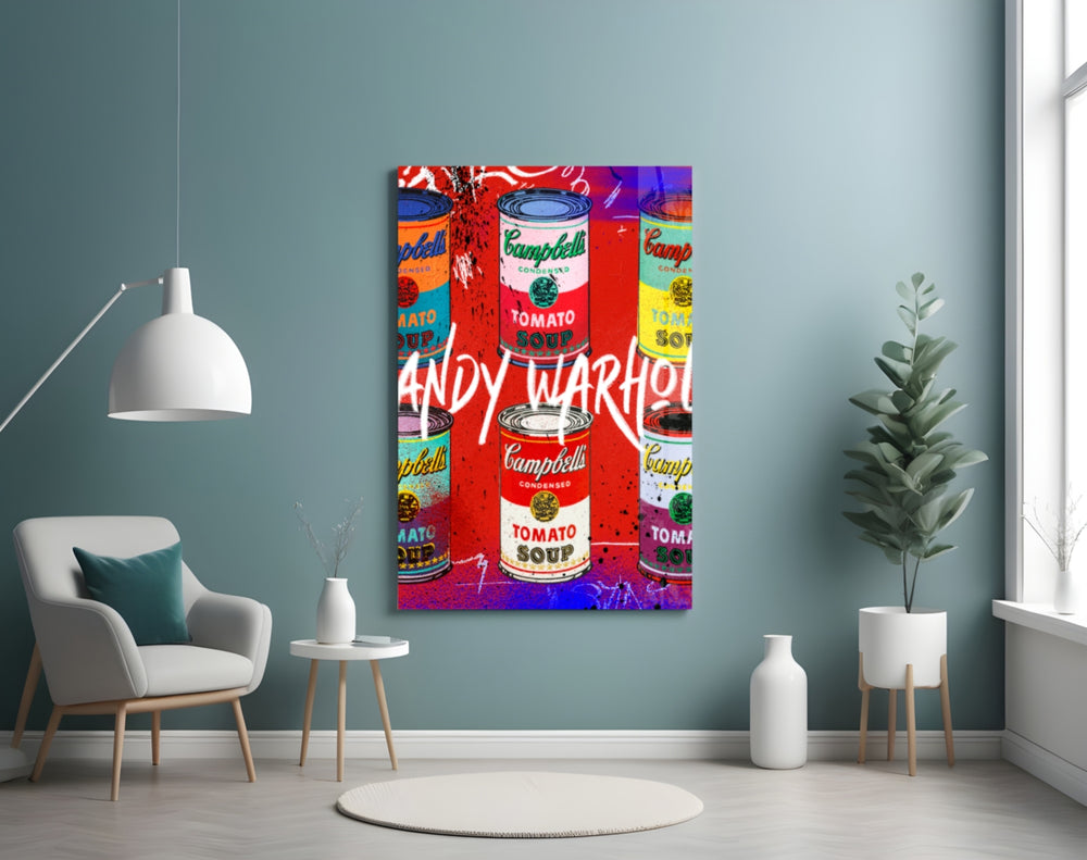 Warhol Cans glass wall art styled above a console in a hypebeast wall