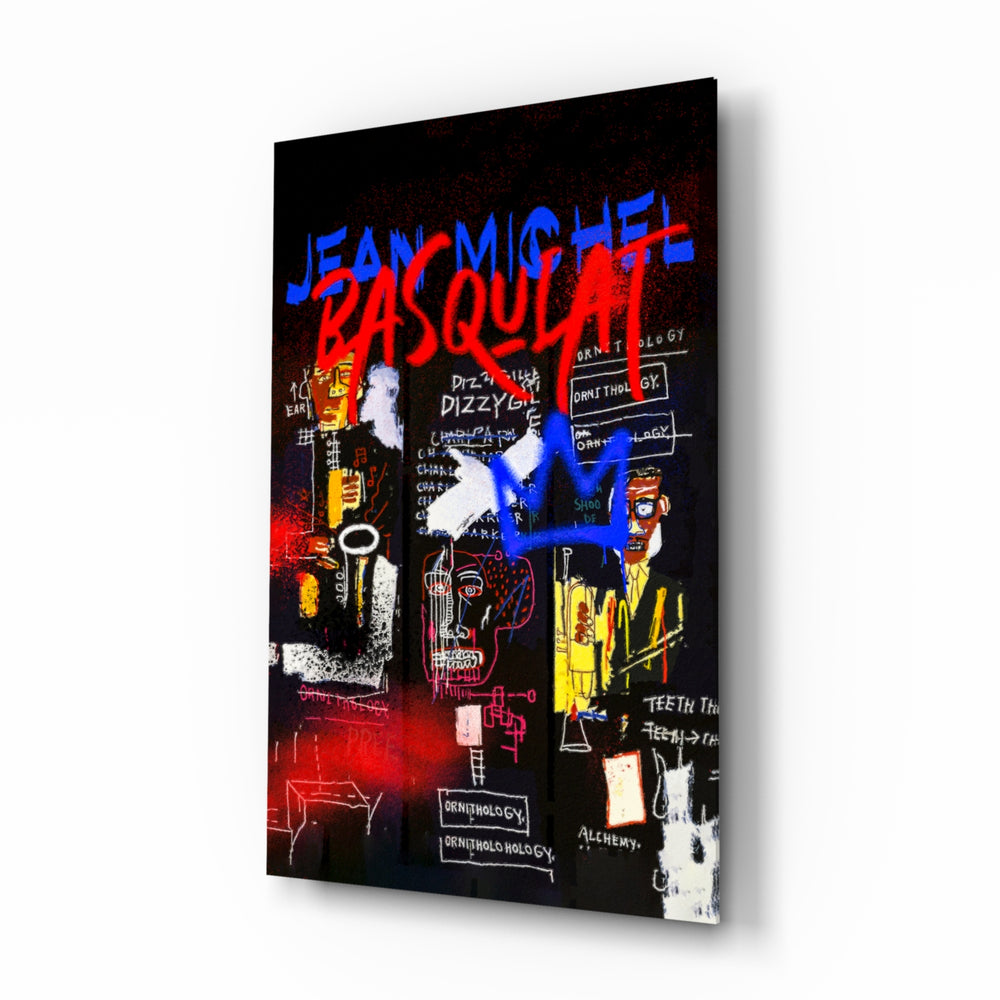 Basquiat-style glass wall art displayed above a turntable in a music room with bebop pulse