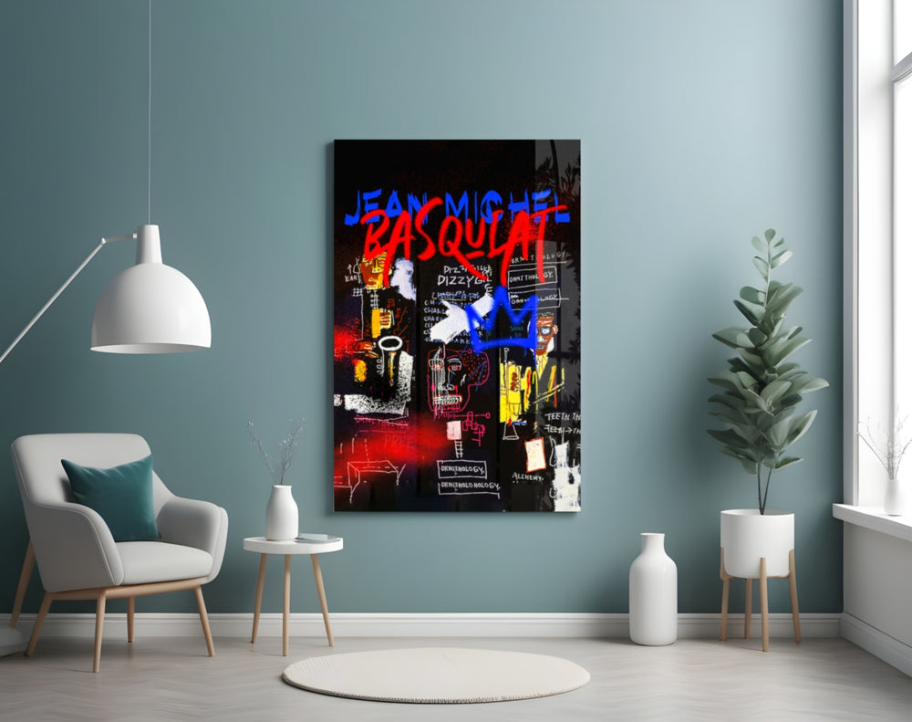Basquiat-style glass wall art styled above a console in a teen lounge