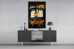 Basquiat-style panel catching lamp light to reveal its notation pulse