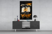 Basquiat-style panel catching lamp light to reveal its notation pulse