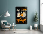Basquiat-style glass wall art styled above a console in a study