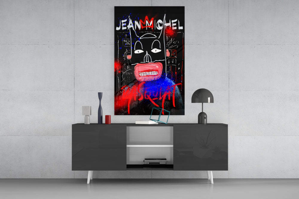 Basquiat-style panel catching lamp light to reveal its street defiance