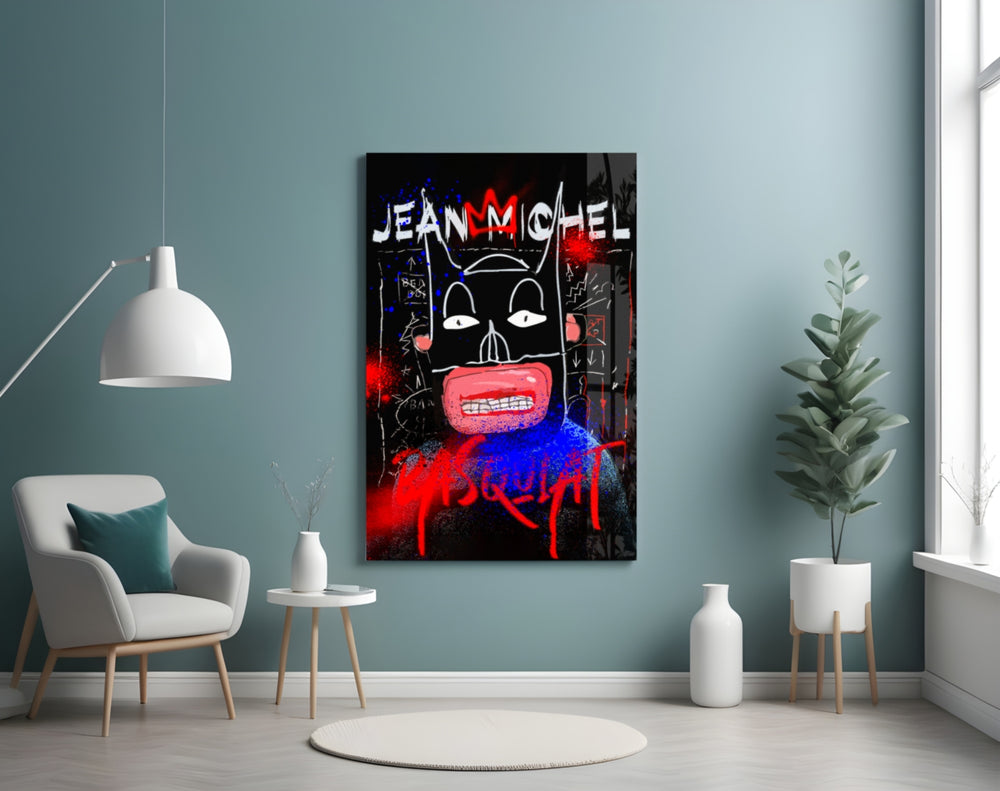Basquiat-style glass wall art styled above a console in a hypebeast wall