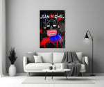 Basquiat tribute close-up showing black masked face with red lips and white eyes