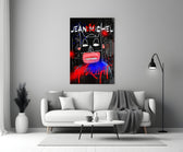 Basquiat tribute close-up showing black masked face with red lips and white eyes