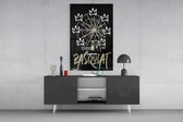 Banksy Basquiat panel catching lamp light to reveal its street-poster wit