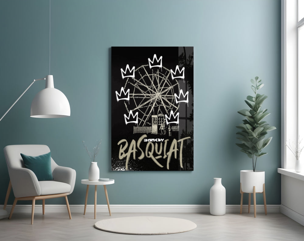 Banksy Basquiat glass wall art styled above a console in a hypebeast wall