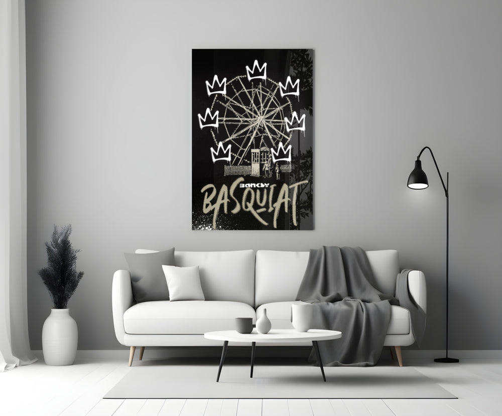 Banksy Basquiat close-up showing stencil ferris wheel and seven white crowns