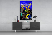 Basquiat-style panel catching lamp light to reveal its painterly testimony