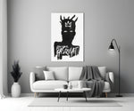 Basquiat tribute close-up showing minimal black silhouette with three-point crown
