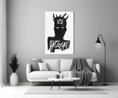 Basquiat tribute close-up showing minimal black silhouette with three-point crown