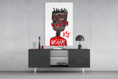 Basquiat-style panel catching lamp light to reveal its painterly defiance