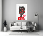 Basquiat tribute close-up showing bushy hair self-portrait with red shirt