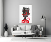 Basquiat tribute close-up showing bushy hair self-portrait with red shirt