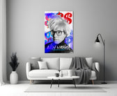 Warhol close-up showing horn-rim glasses, platinum wig and dollar-sign sprays