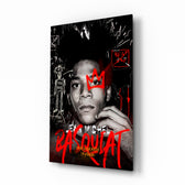 Jean-Michel Basquiat glass wall art displayed above a workbench in a creative studio