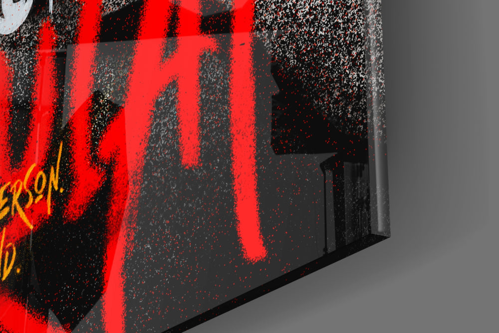 Real-photo artwork anchoring a wall with scarlet-and-onyx palette