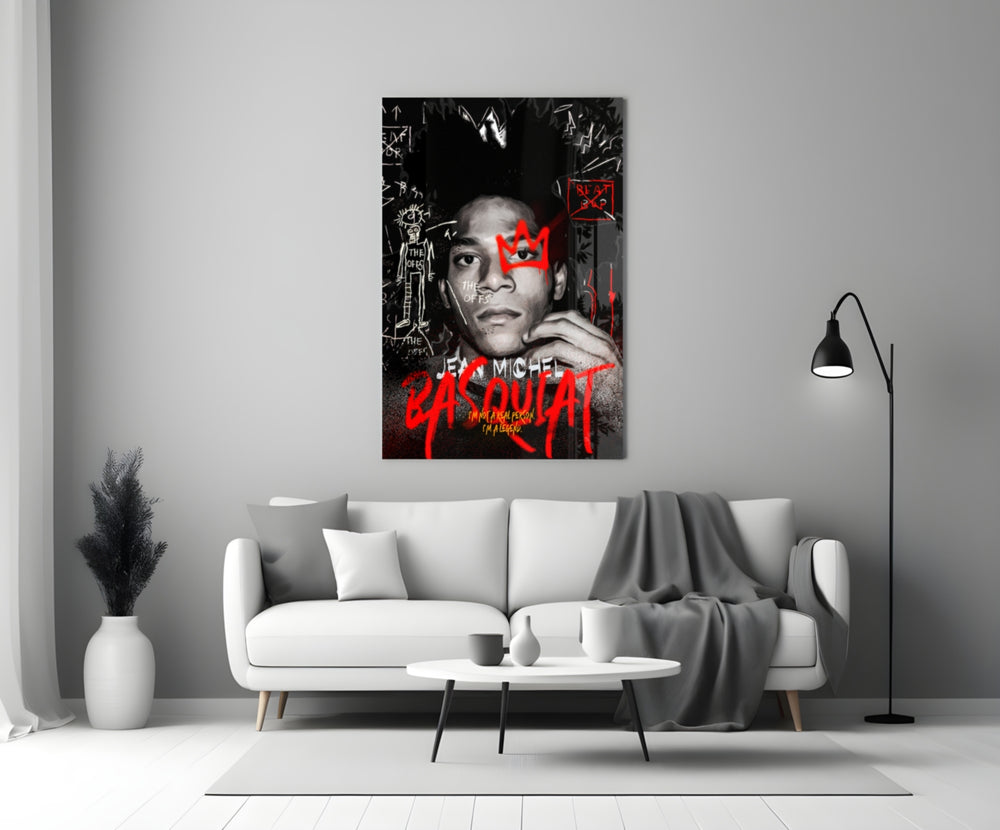 Basquiat close-up showing chin on fist with red spray crown and BEAT BOP notation
