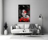 Basquiat close-up showing chin on fist with red spray crown and BEAT BOP notation