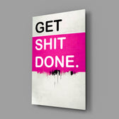 Hustle-mantra panel bringing graphic punch to a co-working corner