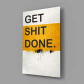 Hustle-mantra panel bringing graphic punch to a co-working corner