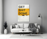 Get Shit Done close-up showing saffron-mustard block band and black drip on cream