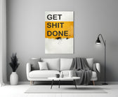 Get Shit Done close-up showing saffron-mustard block band and black drip on cream