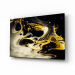 Golden Splash glass wall art displayed above a sectional in a living room with statement opulence