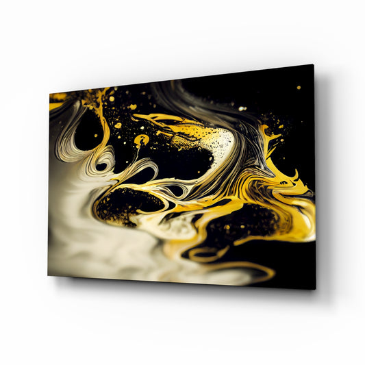Golden Splash glass wall art displayed above a sectional in a living room with statement opulence