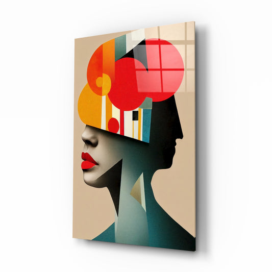 Geometric Thoughts glass wall art displayed above a sectional in a modernist living room