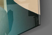 Bauhaus-headdress artwork anchoring a wall with beige-and-scarlet palette