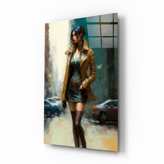 Pose Womanly glass wall art displayed above a vanity in a contemporary dressing room