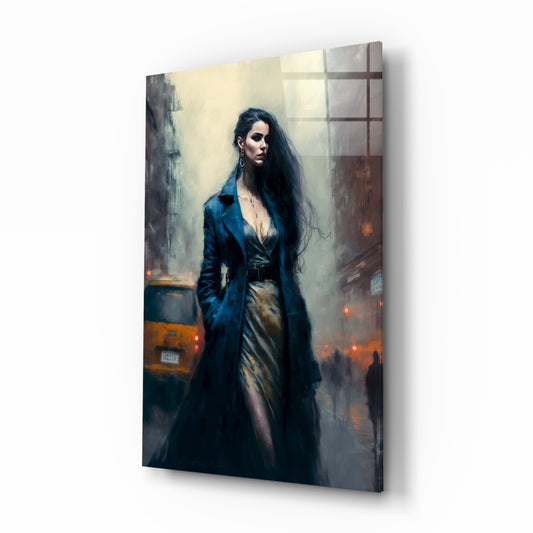 Stand Womanly glass wall art displayed above a vanity in a contemporary dressing room