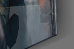 Midnight-muse artwork anchoring a wall with midnight-and-amber palette