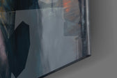 Midnight-muse artwork anchoring a wall with midnight-and-amber palette