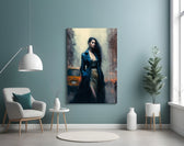 Stand Womanly glass wall art styled above a velvet bench in a powder room
