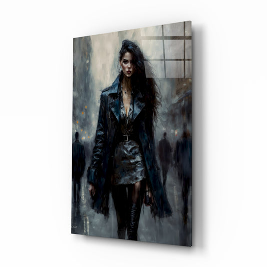 Walk Womanly glass wall art displayed above a vanity in a contemporary dressing room