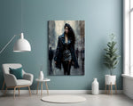 Walk Womanly glass wall art styled above a velvet bench in a powder room