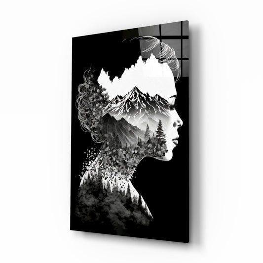 Forest in my Mind glass wall art displayed above a low dresser in a serene master bedroom