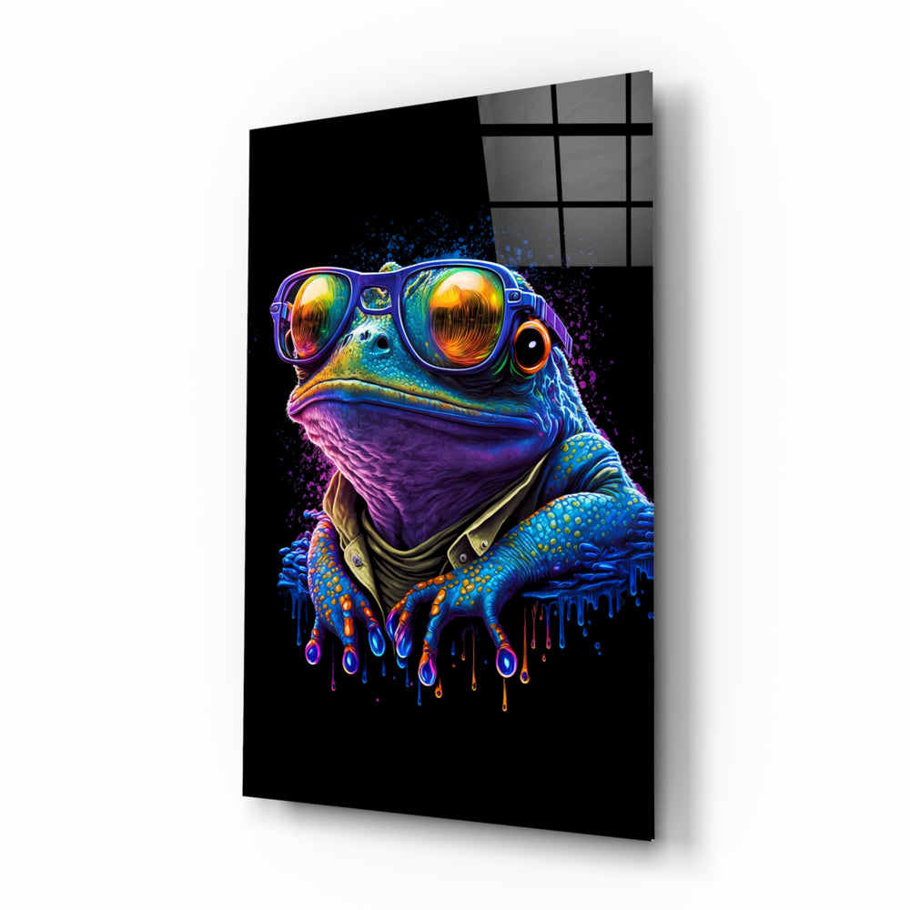 Cool Frog glass wall art displayed above a desk in a teen bedroom with neon pulse