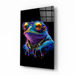 Cool Frog glass wall art displayed above a desk in a teen bedroom with neon pulse