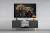 Lion panel catching lamp light to reveal its totemic pulse