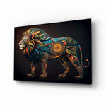 Lion glass wall art displayed above a sectional in a sanctuary living room