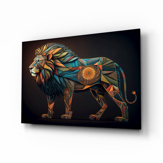 Lion glass wall art displayed above a sectional in a sanctuary living room