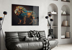 Lion glass wall art styled above a console in a gallery wall
