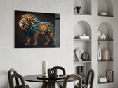 Lion panel adding editorial gravity to a reading nook